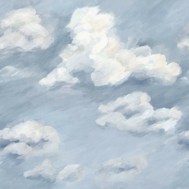 Soft blue-grey wallpaper with luminous white clouds and painterly sky brushstrokes
