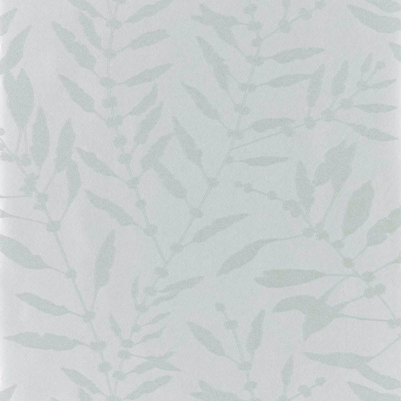 Pale stone wallpaper with cool sage leafy sprigs and a subtle shimmer
