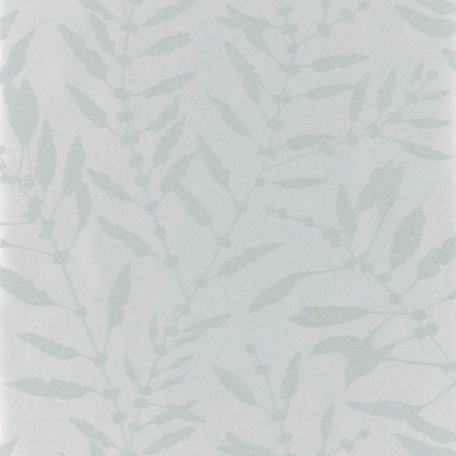 Pale stone wallpaper with cool sage leafy sprigs and a subtle shimmer