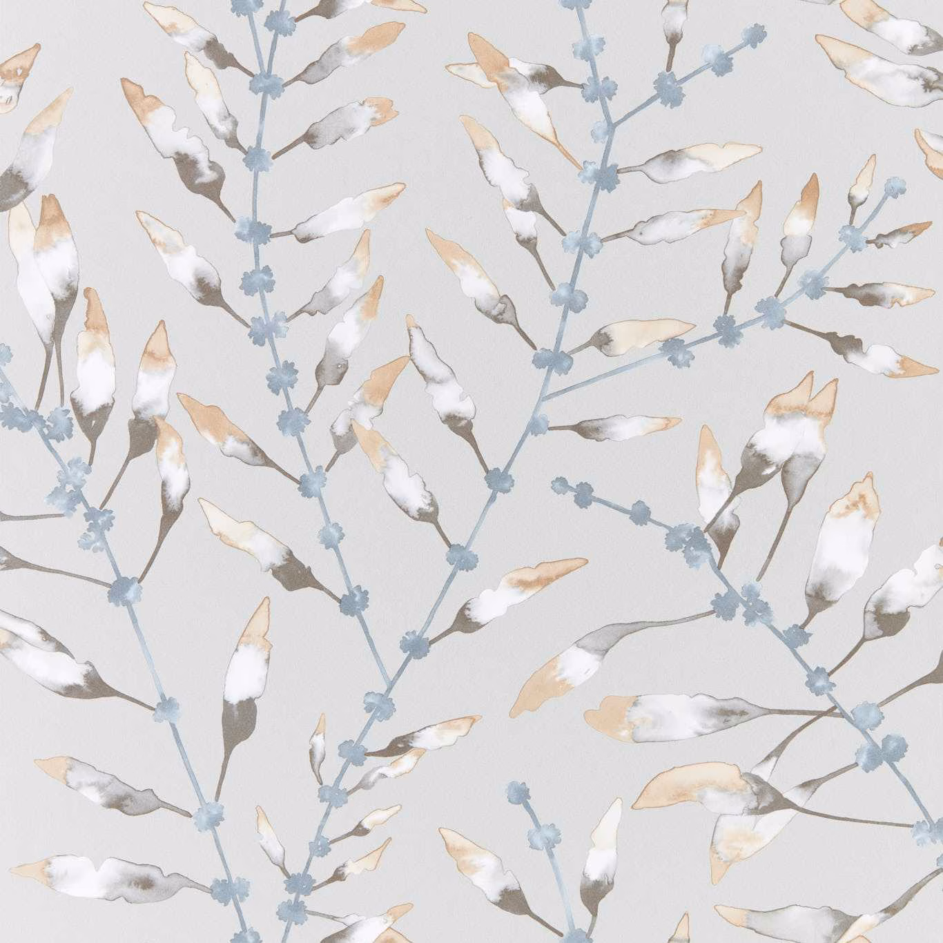Pale grey wallpaper with slate-blue branches and amber-tipped feathery leaves