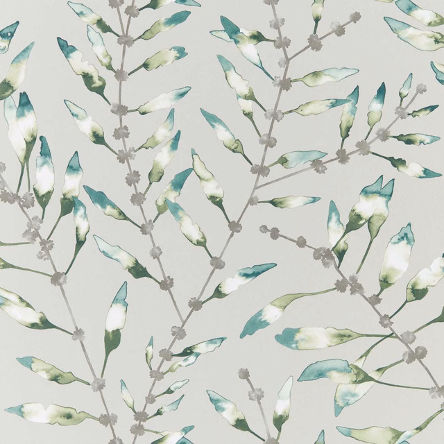 Emerald and lime leafy branches with white highlights on a pale grey ground