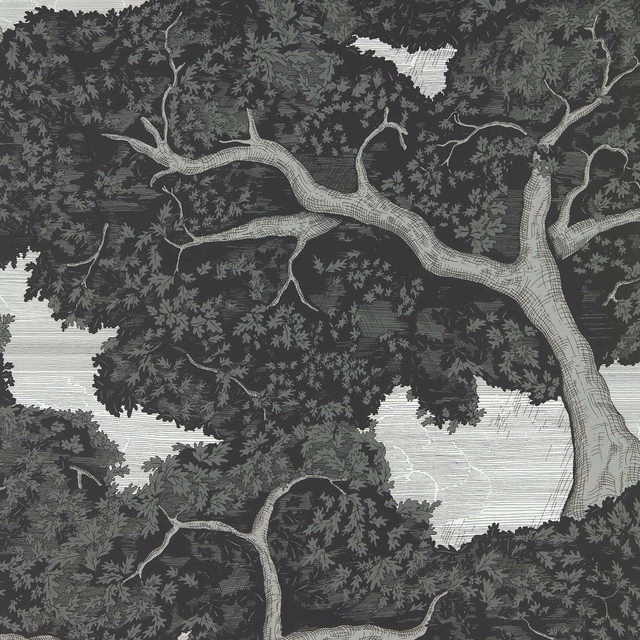 Charcoal woodland wallpaper with pale grey oak branches and etched foliage