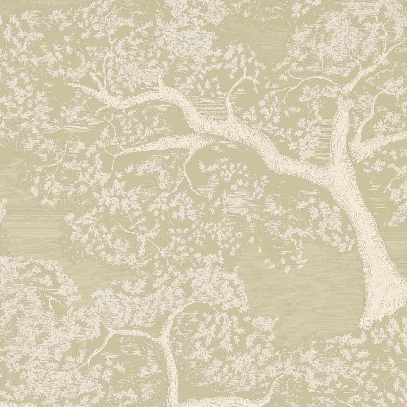 Pearl oak branches and leaves over a muted incense sage wallpaper ground