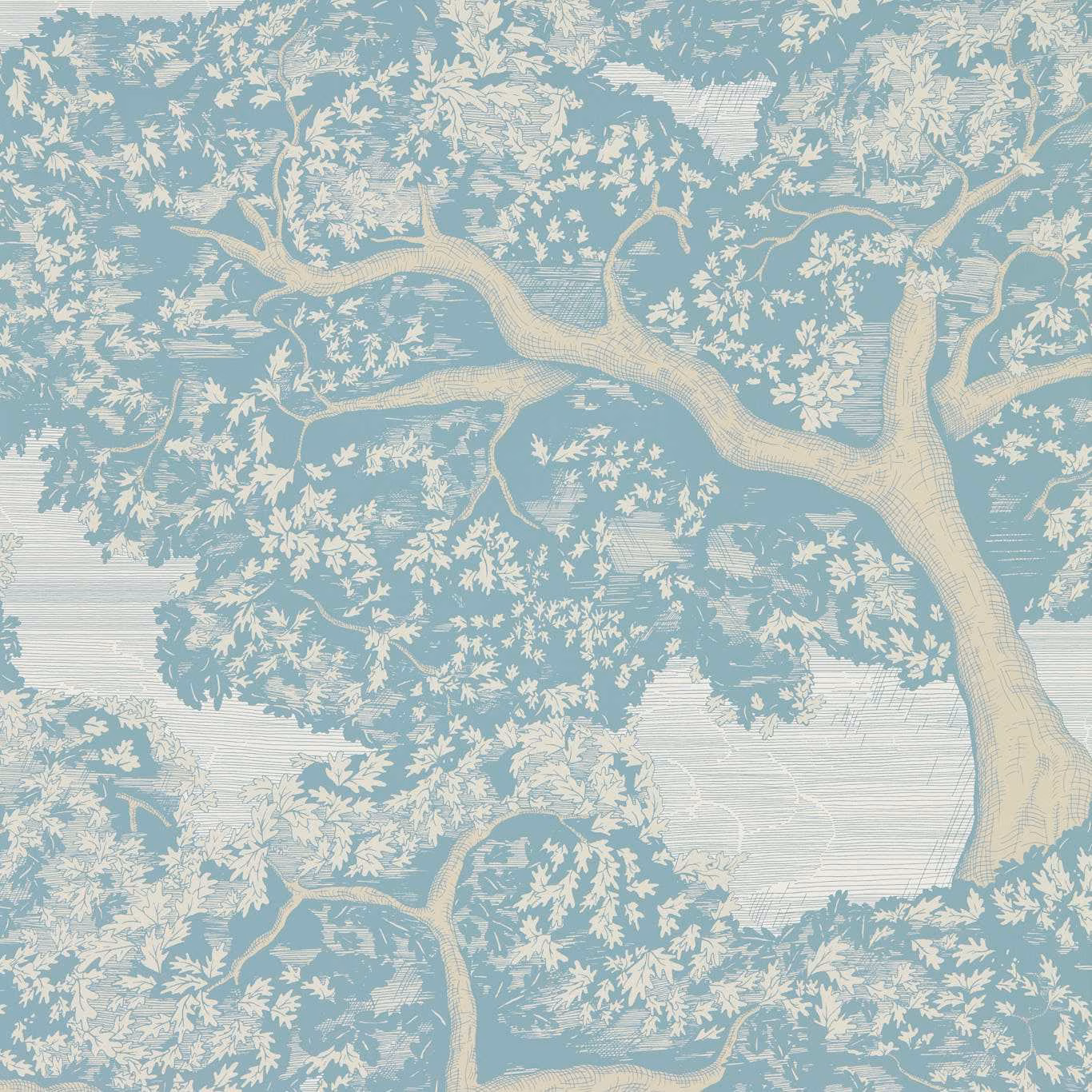 Sky-blue wallpaper with cream tree branches and finely etched foliage