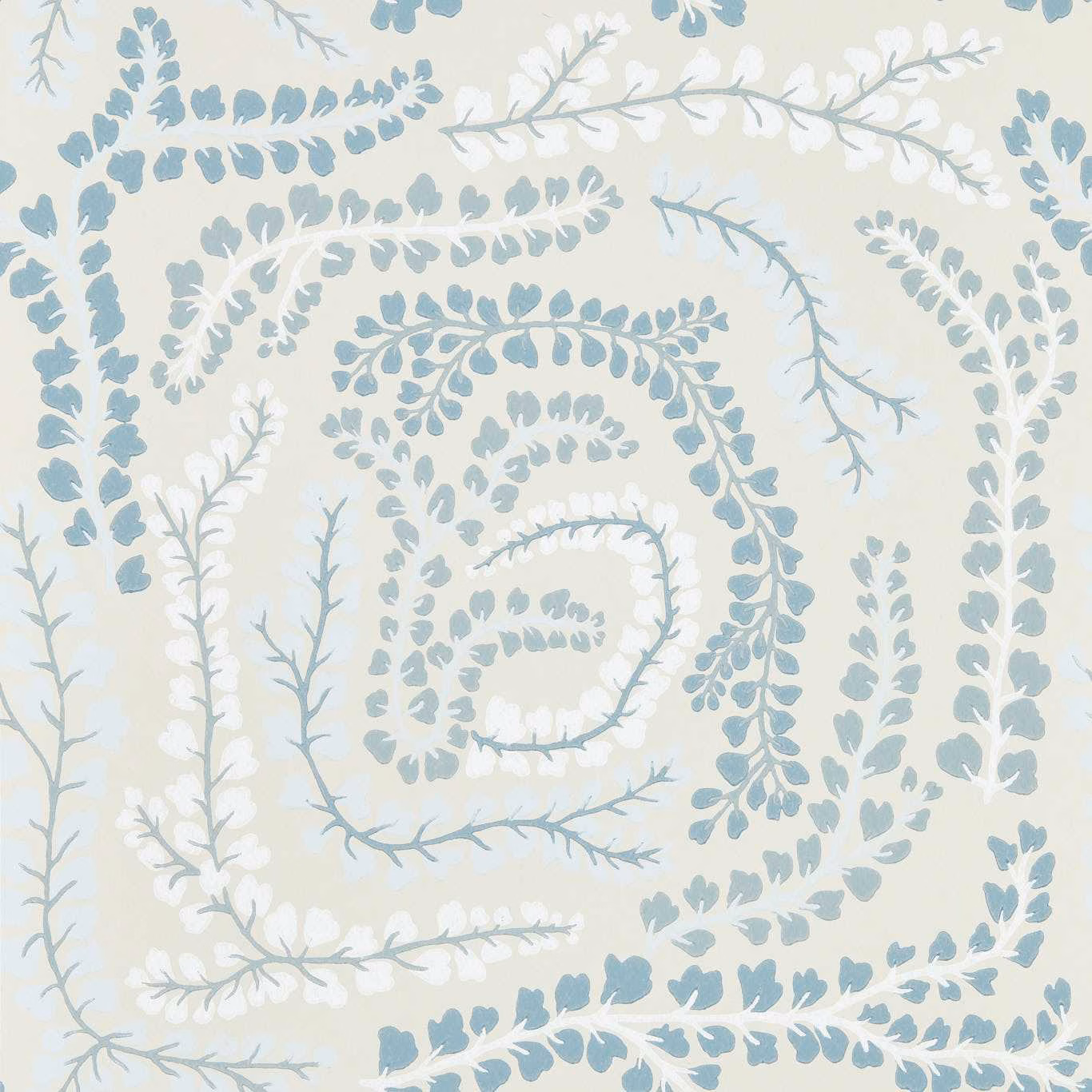 Ivory wallpaper with cool blue-grey curling botanical branches and pale white leaves