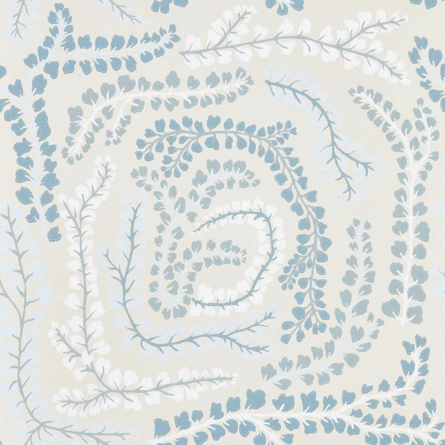 Ivory wallpaper with cool blue-grey curling botanical branches and pale white leaves