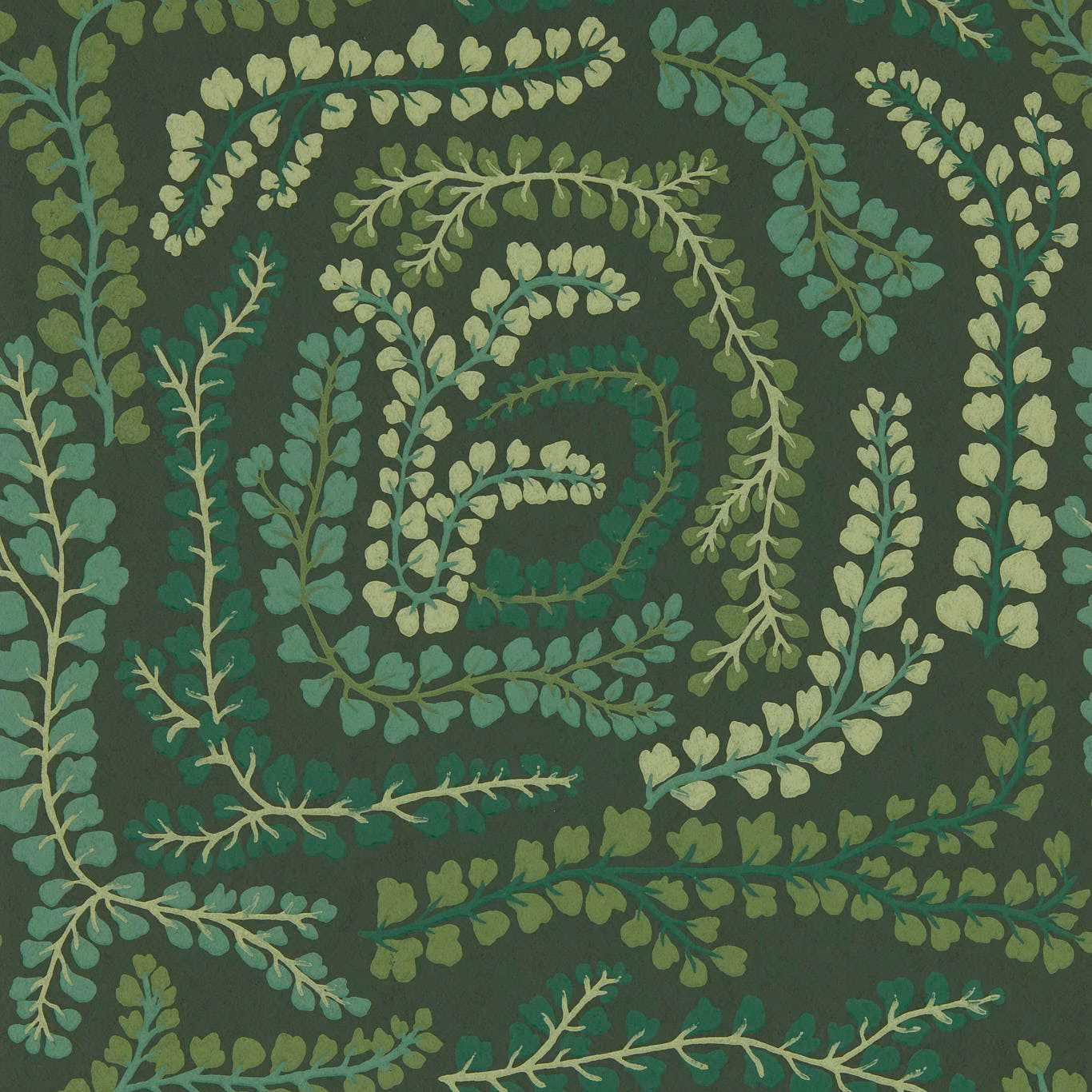 Dark clover-green wallpaper with looping fig-leaf sprays in sage and teal