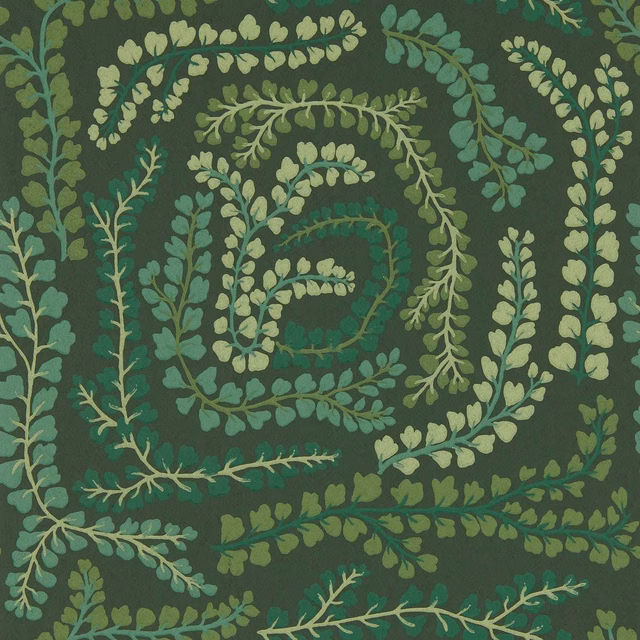 Dark clover-green wallpaper with looping fig-leaf sprays in sage and teal