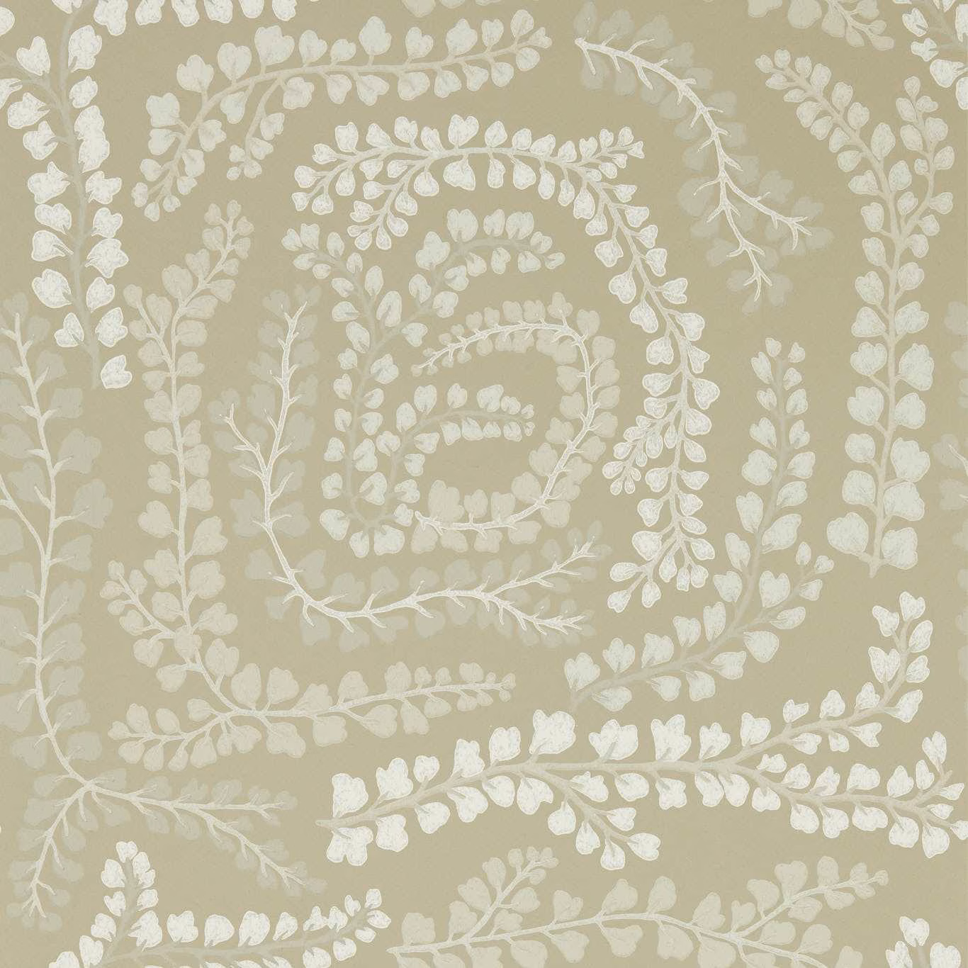 Muted sage-taupe wallpaper with ivory leafy branches curling into a central spiral