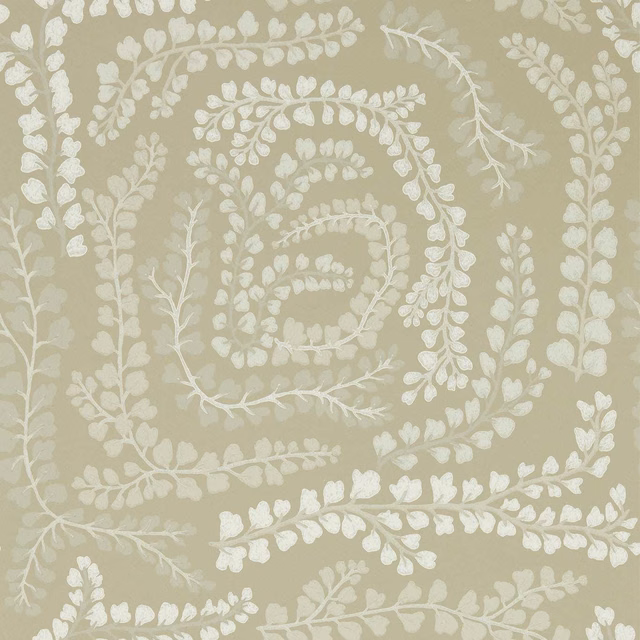 Muted sage-taupe wallpaper with ivory leafy branches curling into a central spiral