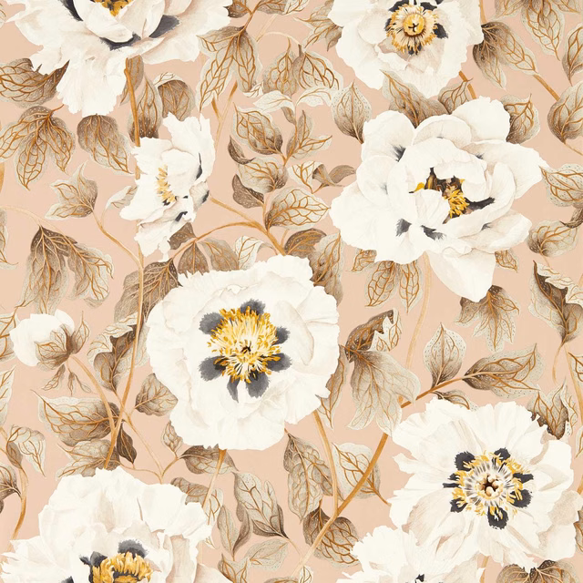 Blush peach wallpaper with oversized ivory flowers, sepia leaves and dark floral centres