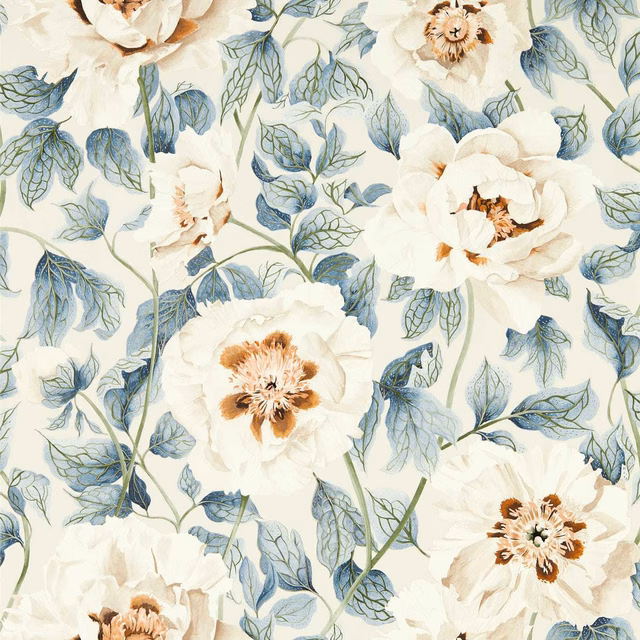 Cream floral wallpaper with blue-green leaves, clay flower centres and painterly botanical detail