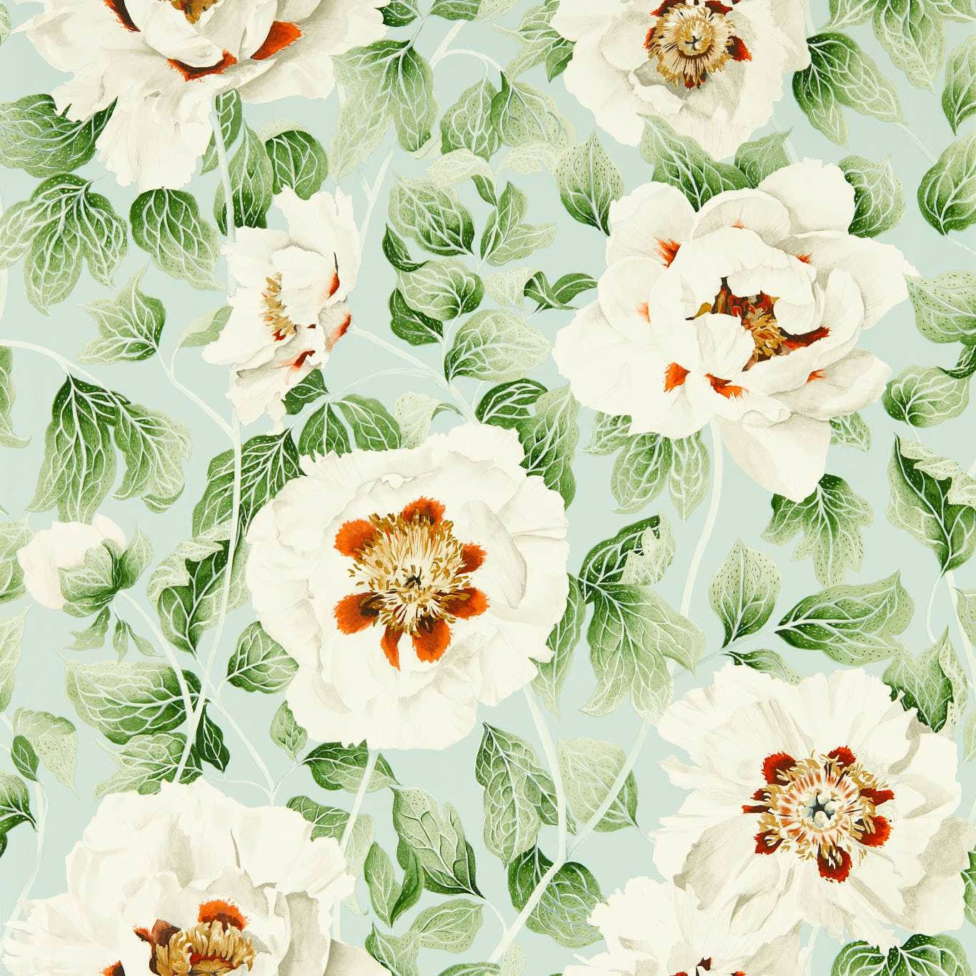 Sea-glass wallpaper with white flowers, veined clover leaves and rosehip-red centres