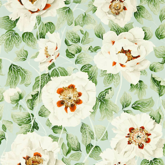 Sea-glass wallpaper with white flowers, veined clover leaves and rosehip-red centres