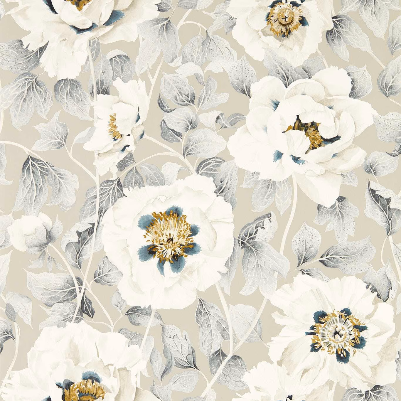 Pale stone wallpaper with ivory poppies, slate leaves and blue-ochre centres