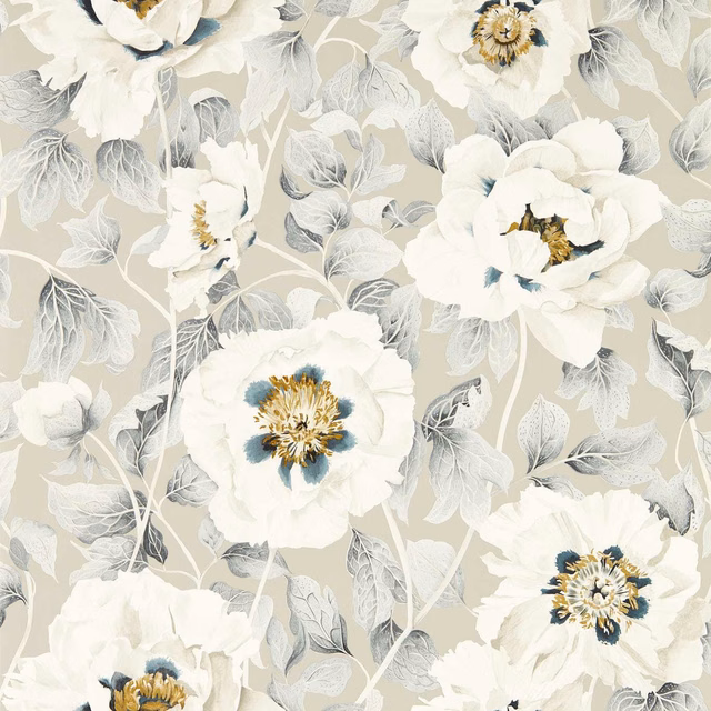 Pale stone wallpaper with ivory poppies, slate leaves and blue-ochre centres