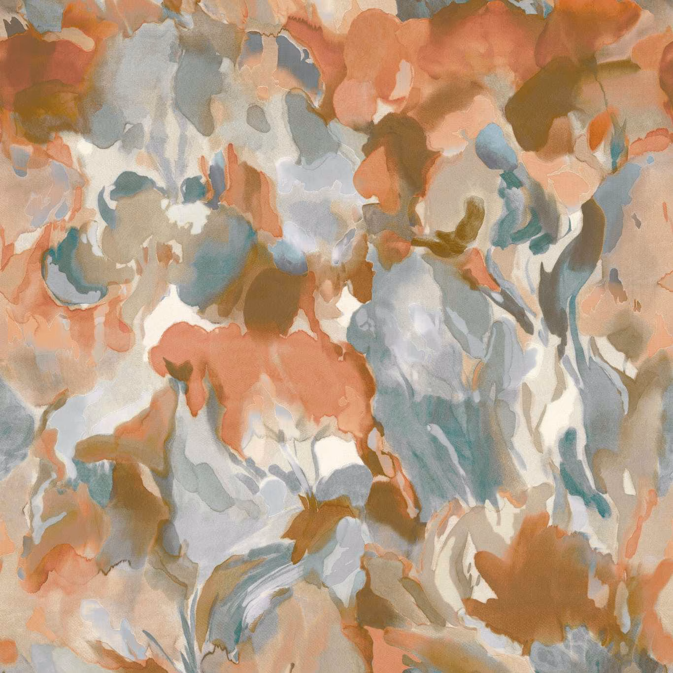 Painterly terracotta and cerulean blooms with stone, sage and warm brown washes