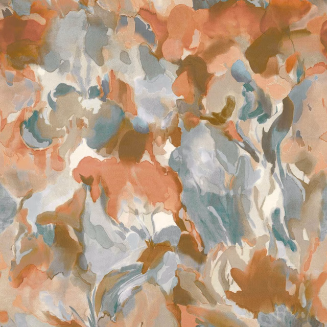 Painterly terracotta and cerulean blooms with stone, sage and warm brown washes