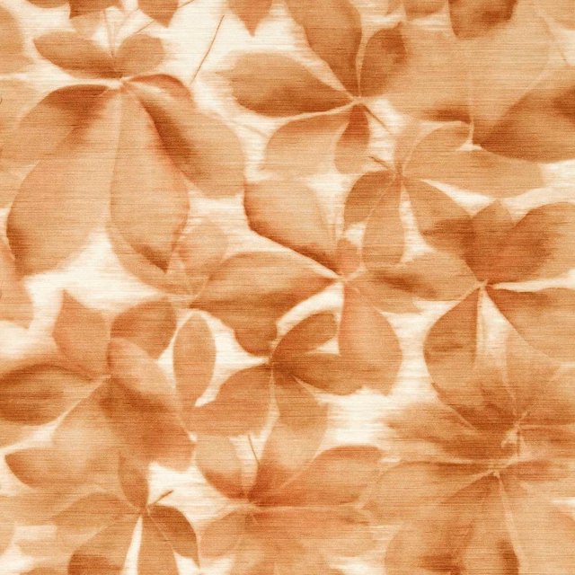 Baked terracotta and parchment painterly leaf wallpaper with soft woven texture