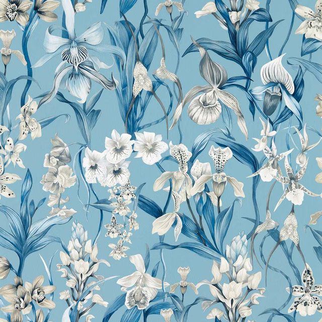 Cool blue botanical wallpaper with white irises, pale blossoms and deep blue leafy stems