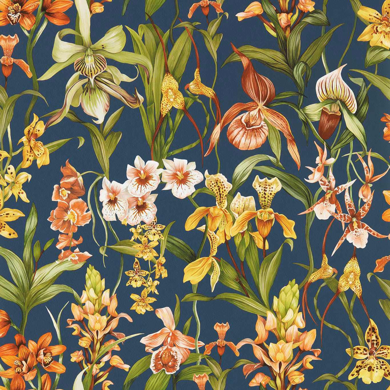 Midnight-blue wallpaper with terracotta orchids, nectar blooms and layered green foliage