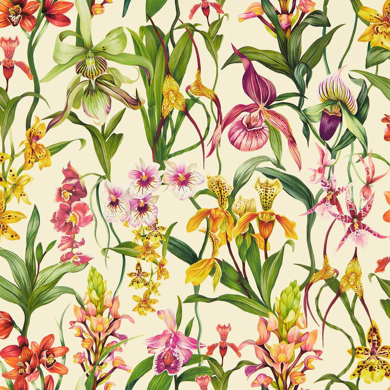 Parchment wallpaper with forest leaves, azalea flowers, orchids and yellow botanical blooms