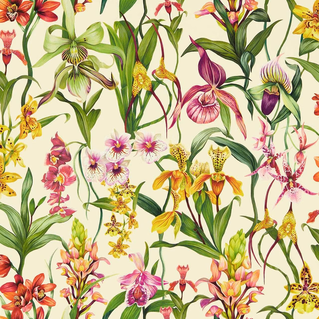 Parchment wallpaper with forest leaves, azalea flowers, orchids and yellow botanical blooms