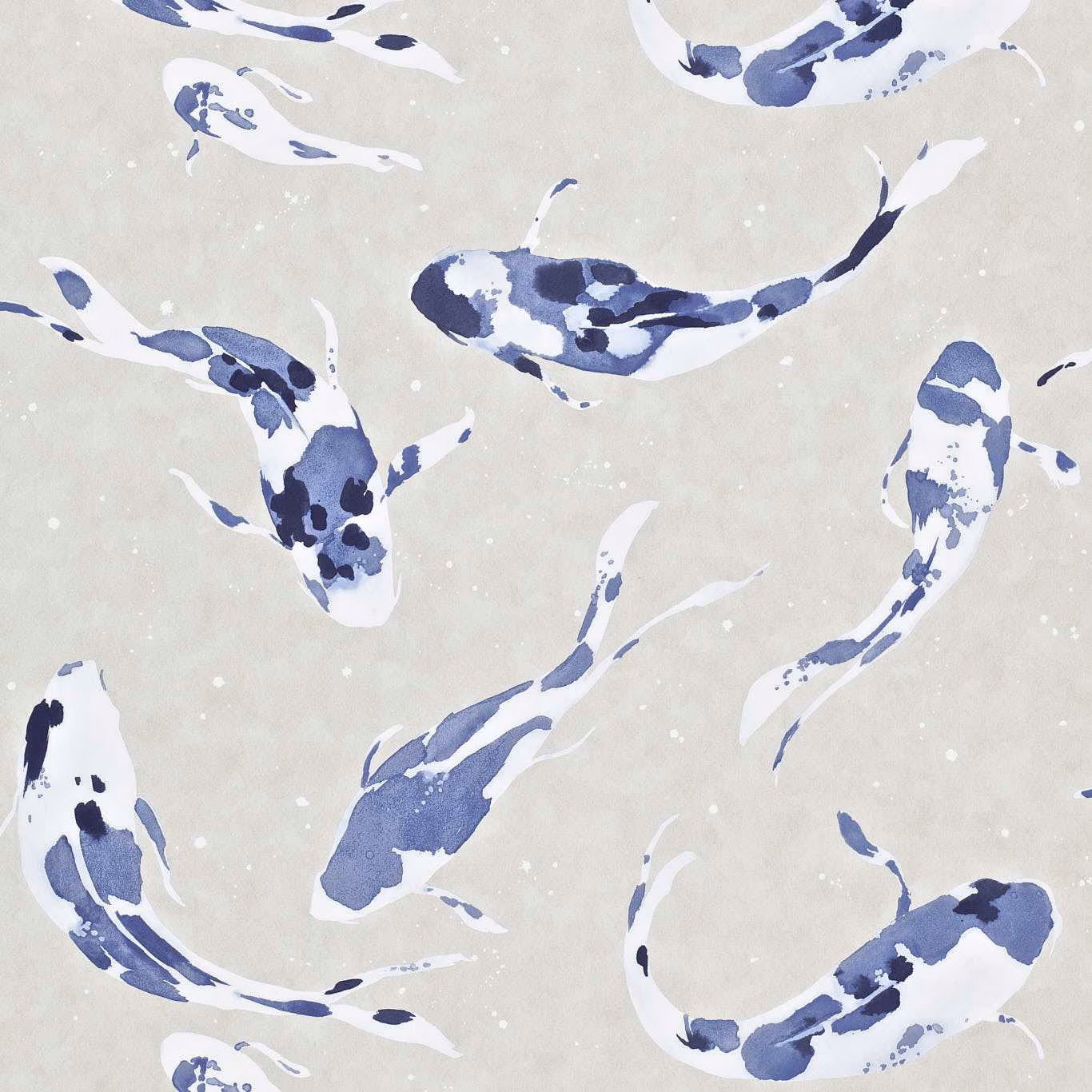 Painterly indigo koi with navy markings across a pale greige wallpaper ground