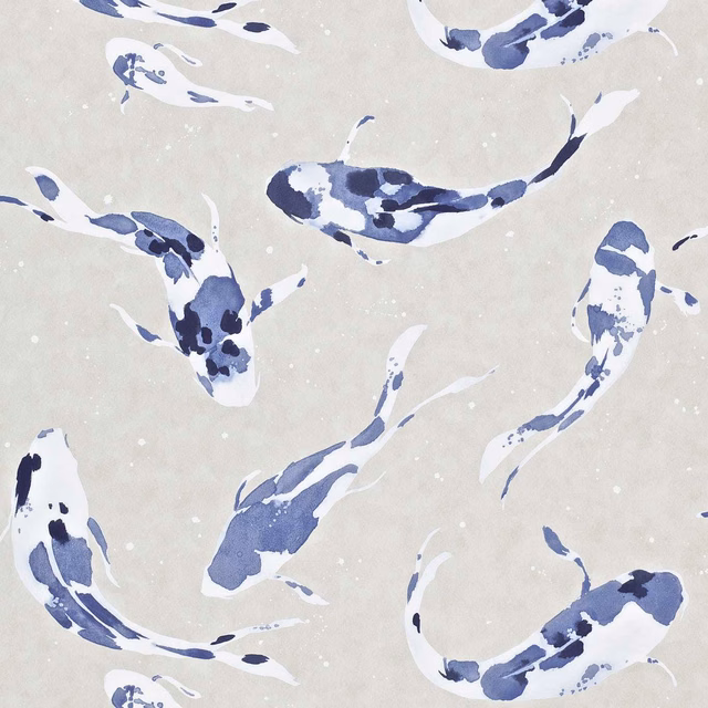 Painterly indigo koi with navy markings across a pale greige wallpaper ground