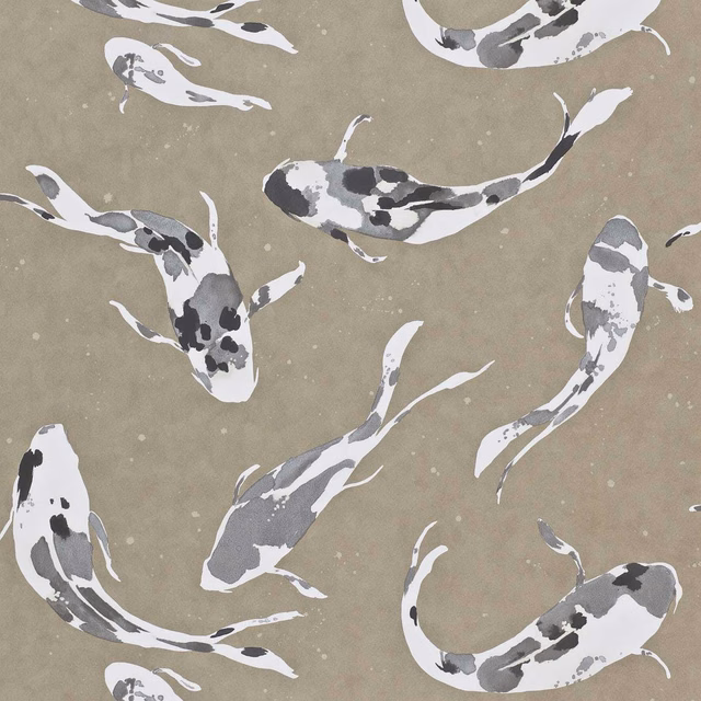 Muted taupe wallpaper with flowing white, grey and charcoal koi motifs
