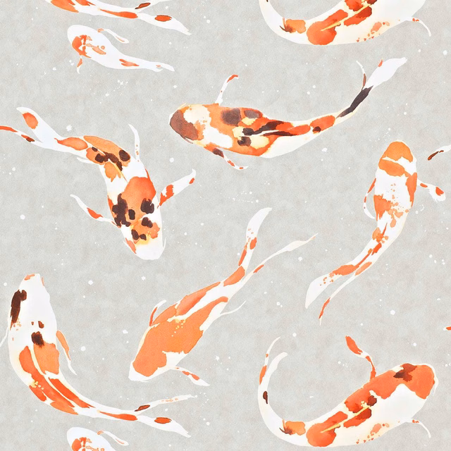 Paprika and white koi with charcoal markings swimming across a pale grey ground