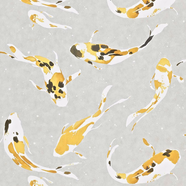 Saffron-gold and white koi with dark accents on a pale grey ground