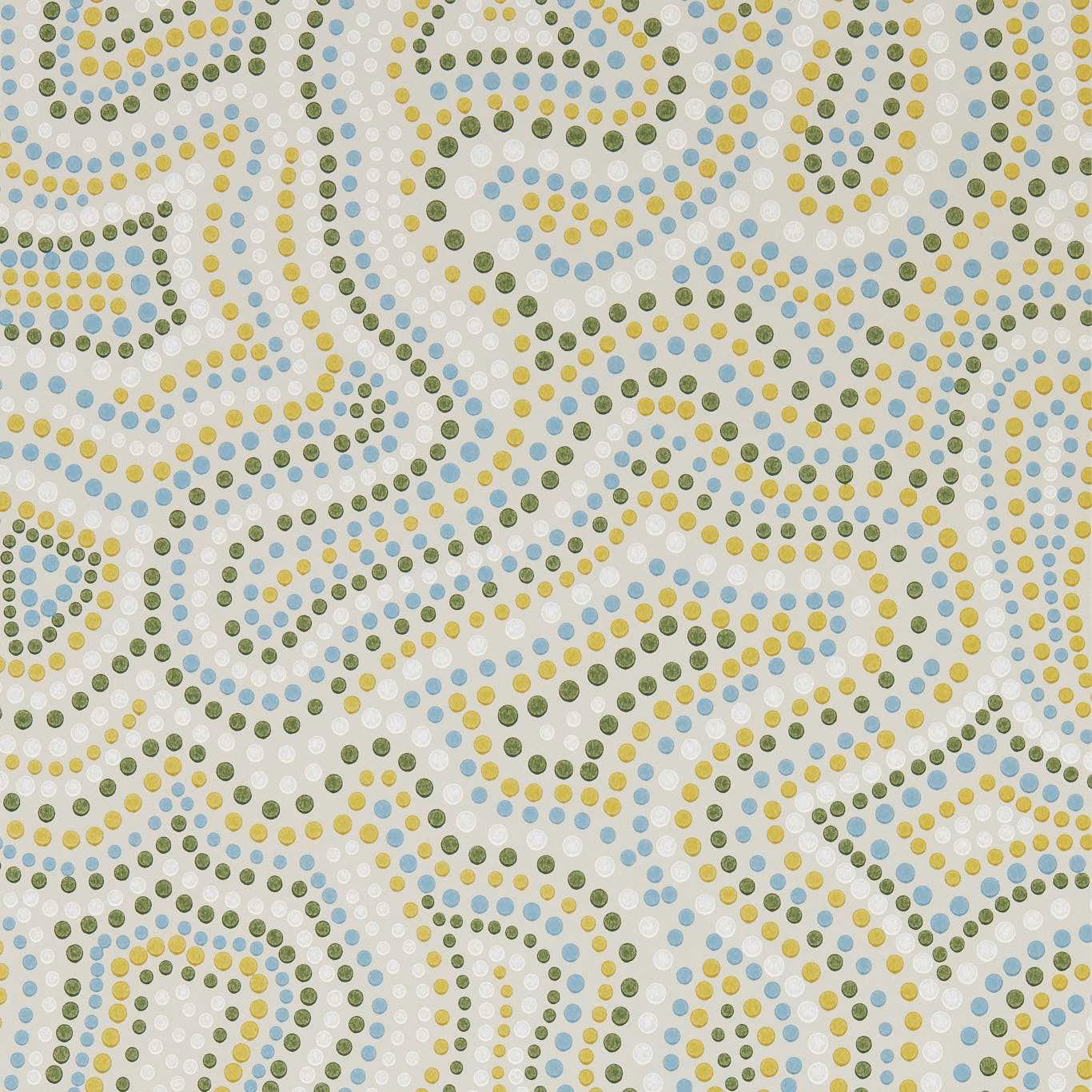 Sage, blue and yellow dotted swirls on a pale wallpaper ground
