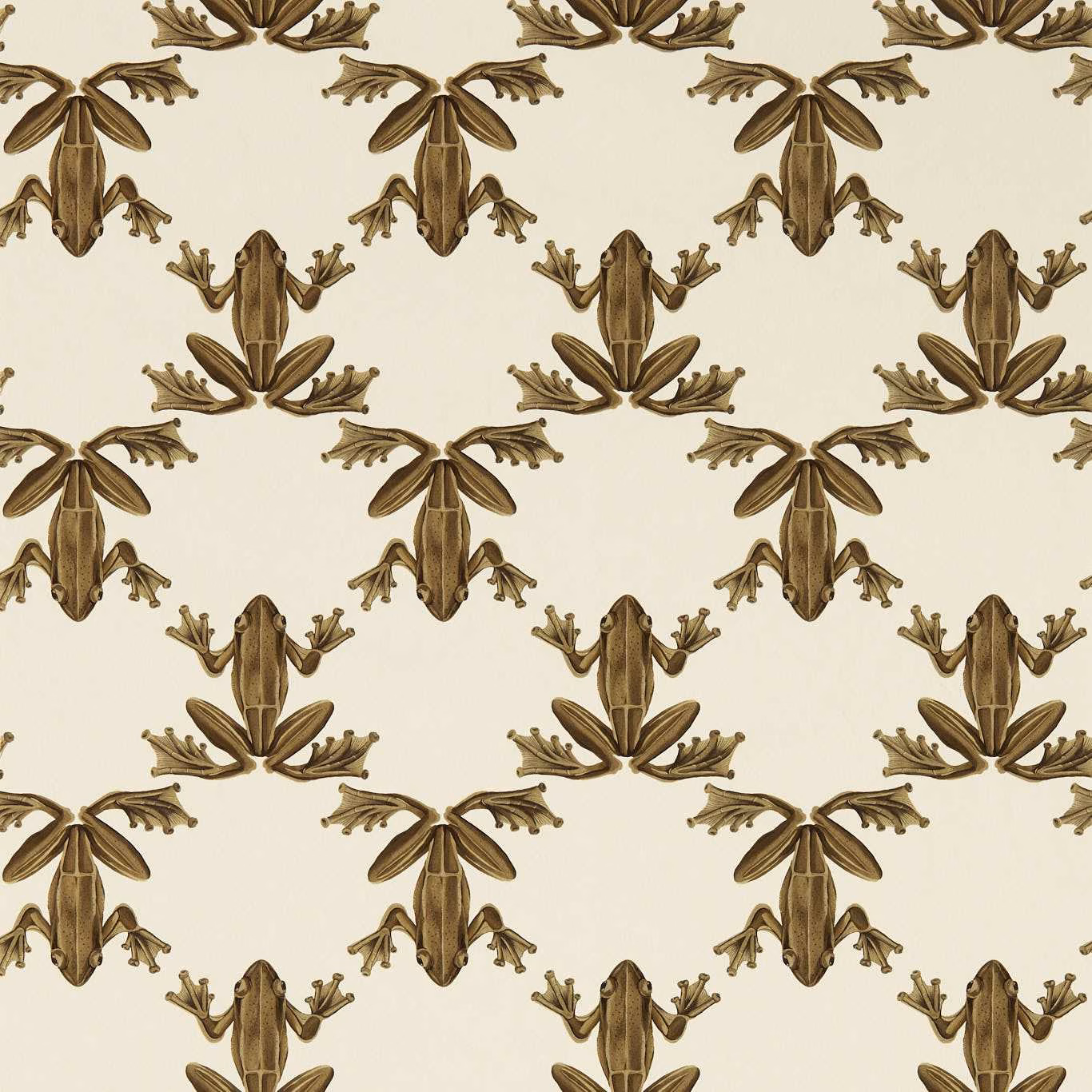 Brown-gold illustrated frogs repeating over a warm parchment wallpaper background