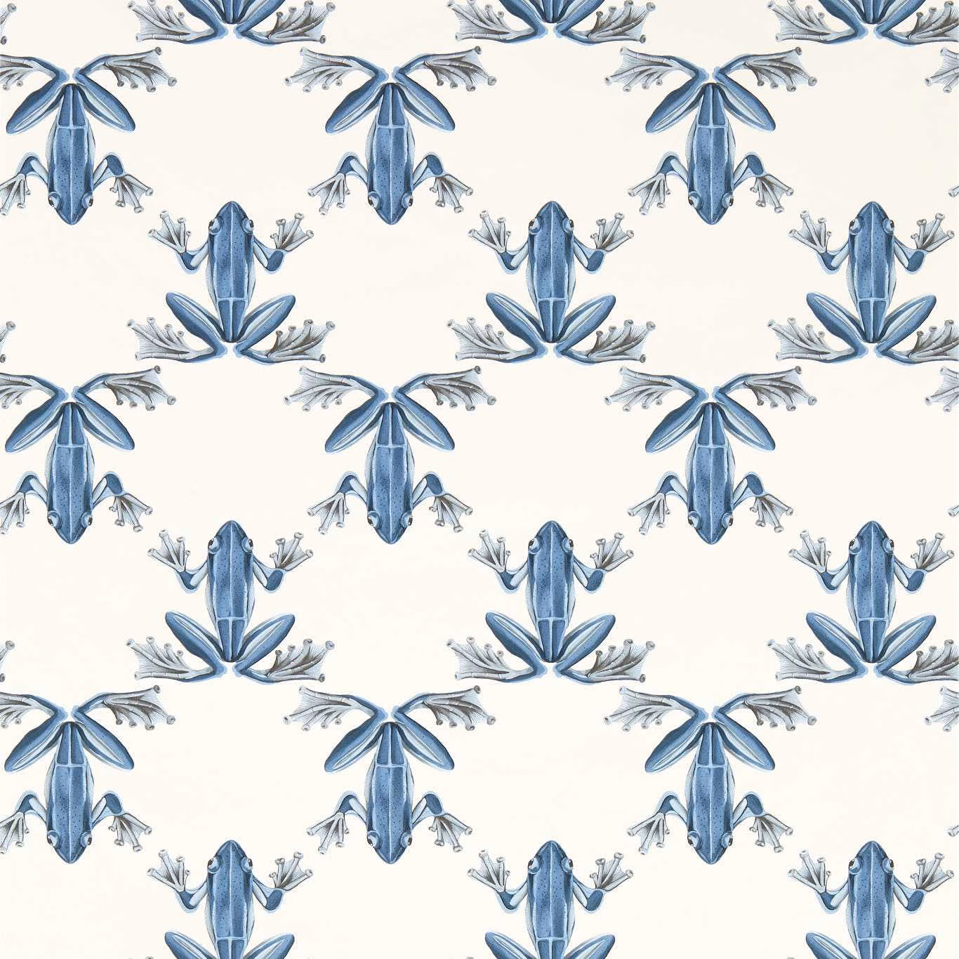 Blue illustrated wood frogs repeating across a warm chalk wallpaper ground