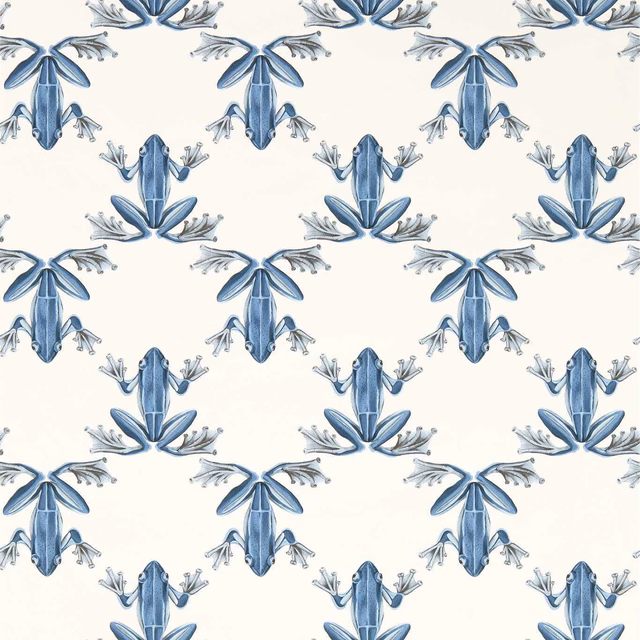 Blue illustrated wood frogs repeating across a warm chalk wallpaper ground
