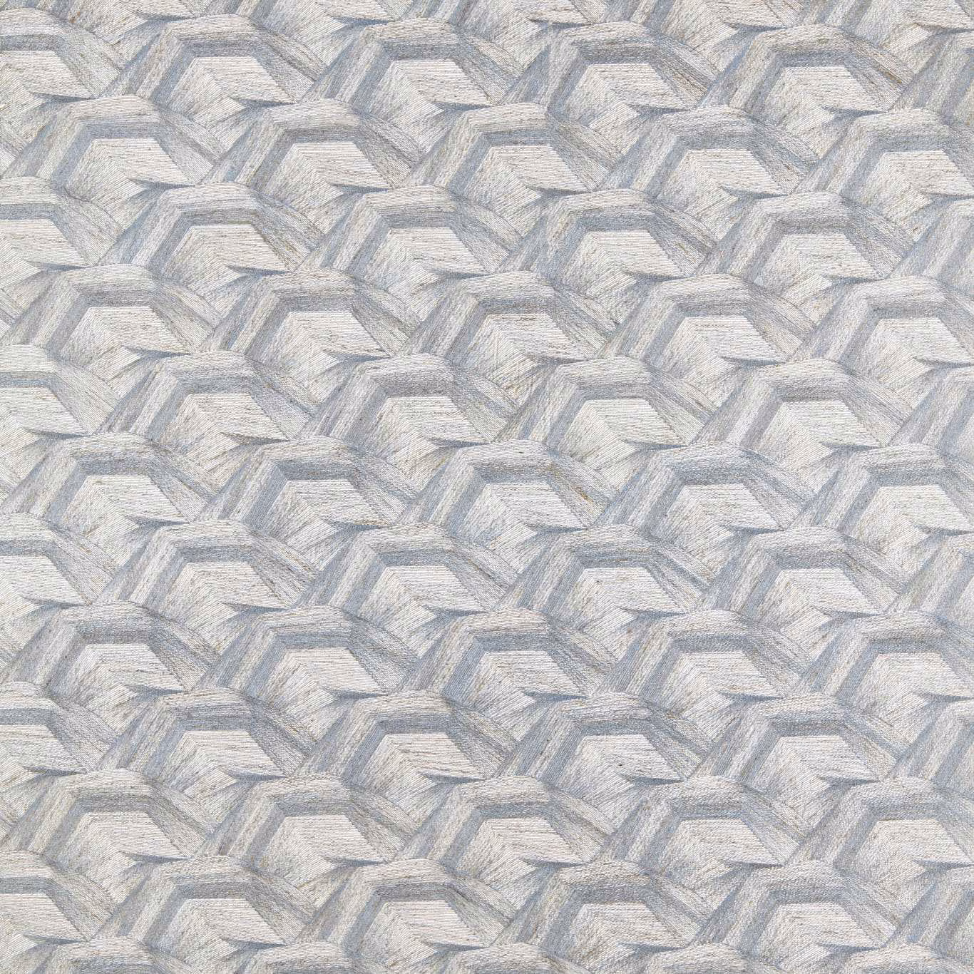 Pale blue-grey woven fabric with repeating angular, faceted geometric bands