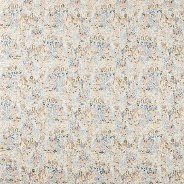 Pale cream woven fabric with dusty blue, blush and taupe painterly flecks