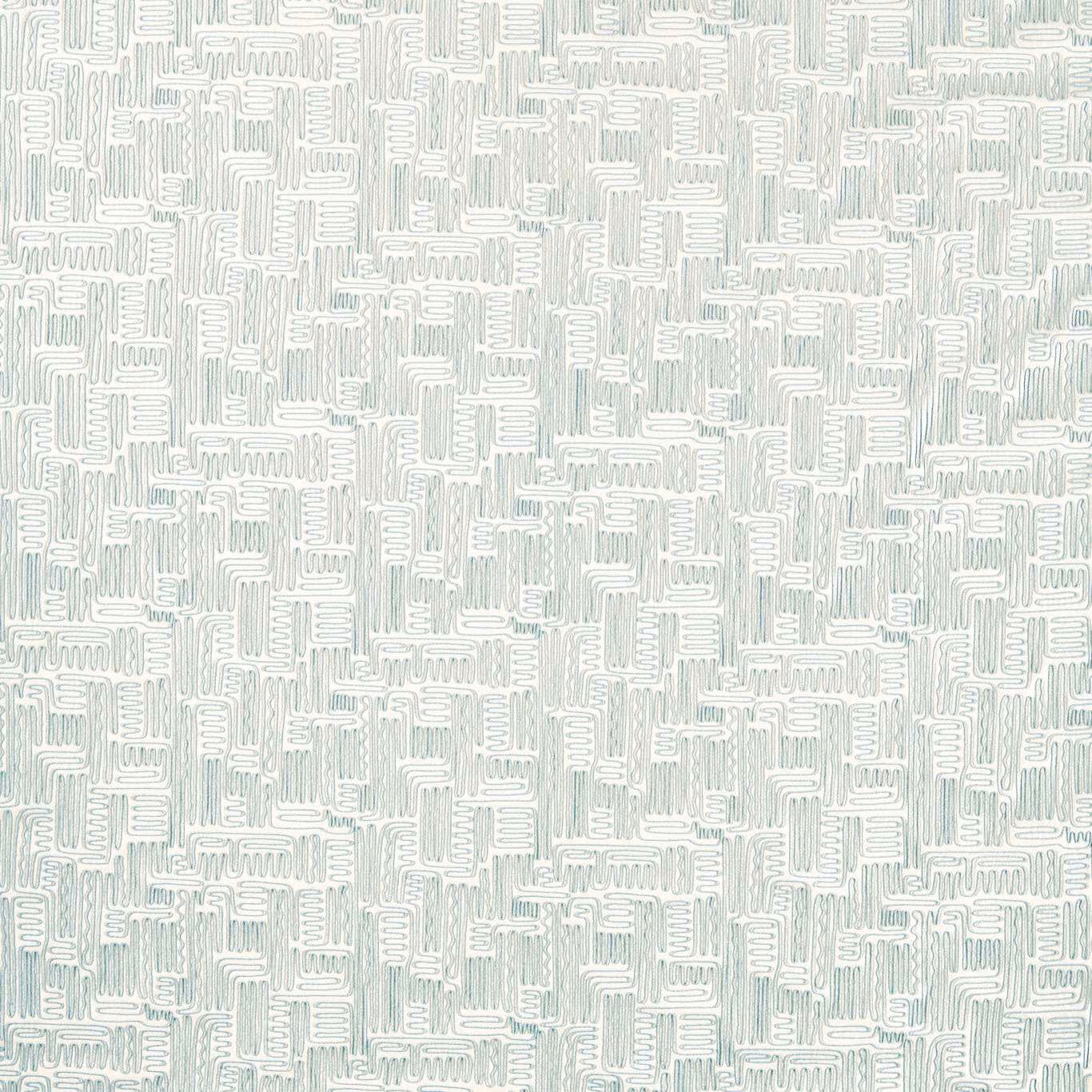 Pale blue-grey fabric with dense white maze-like linear geometric pattern and fine woven texture