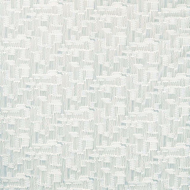 Pale blue-grey fabric with dense white maze-like linear geometric pattern and fine woven texture