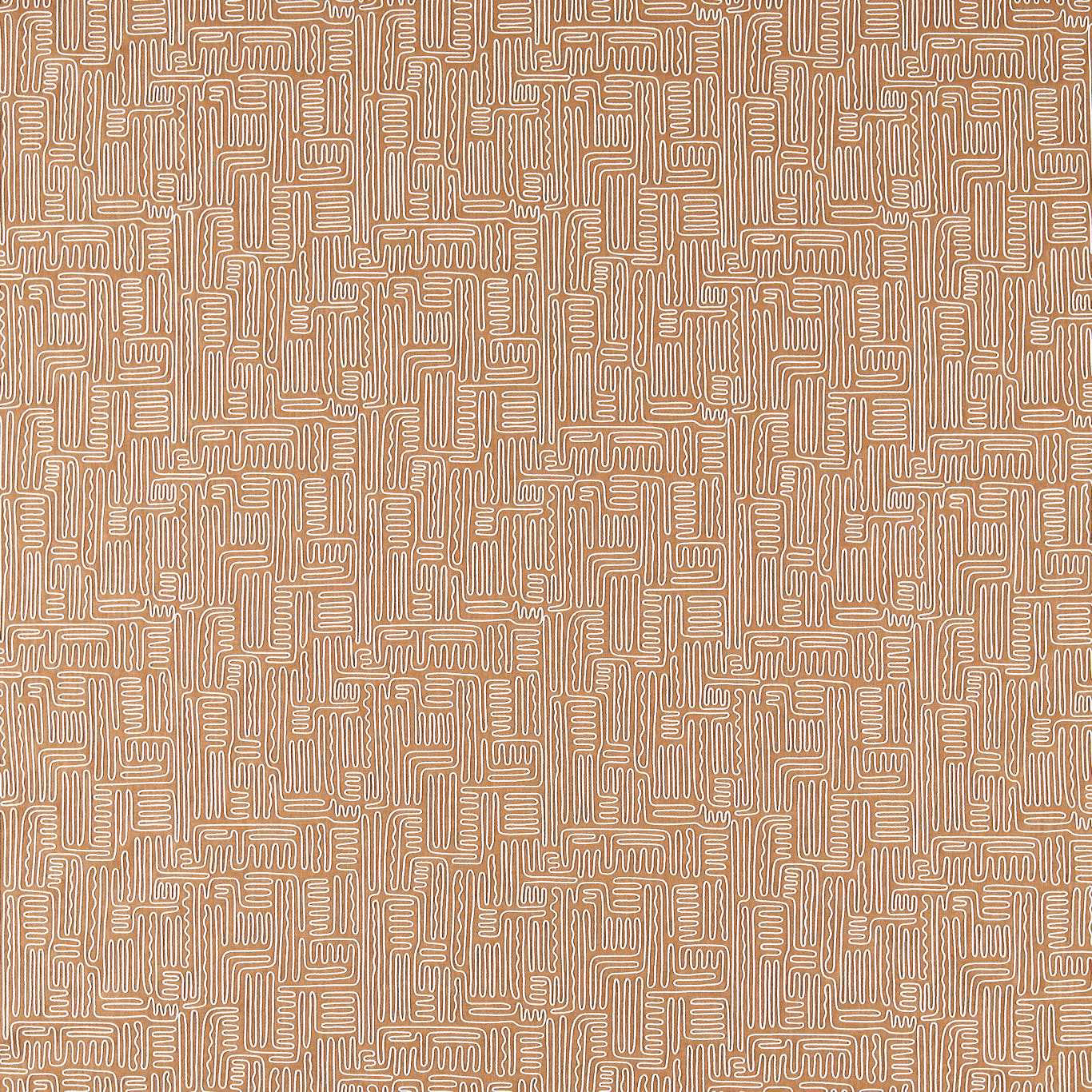 Warm tan woven fabric with an ivory interlocking maze pattern and subtle texture
