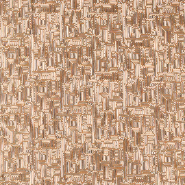Warm tan woven fabric with an ivory interlocking maze pattern and subtle texture