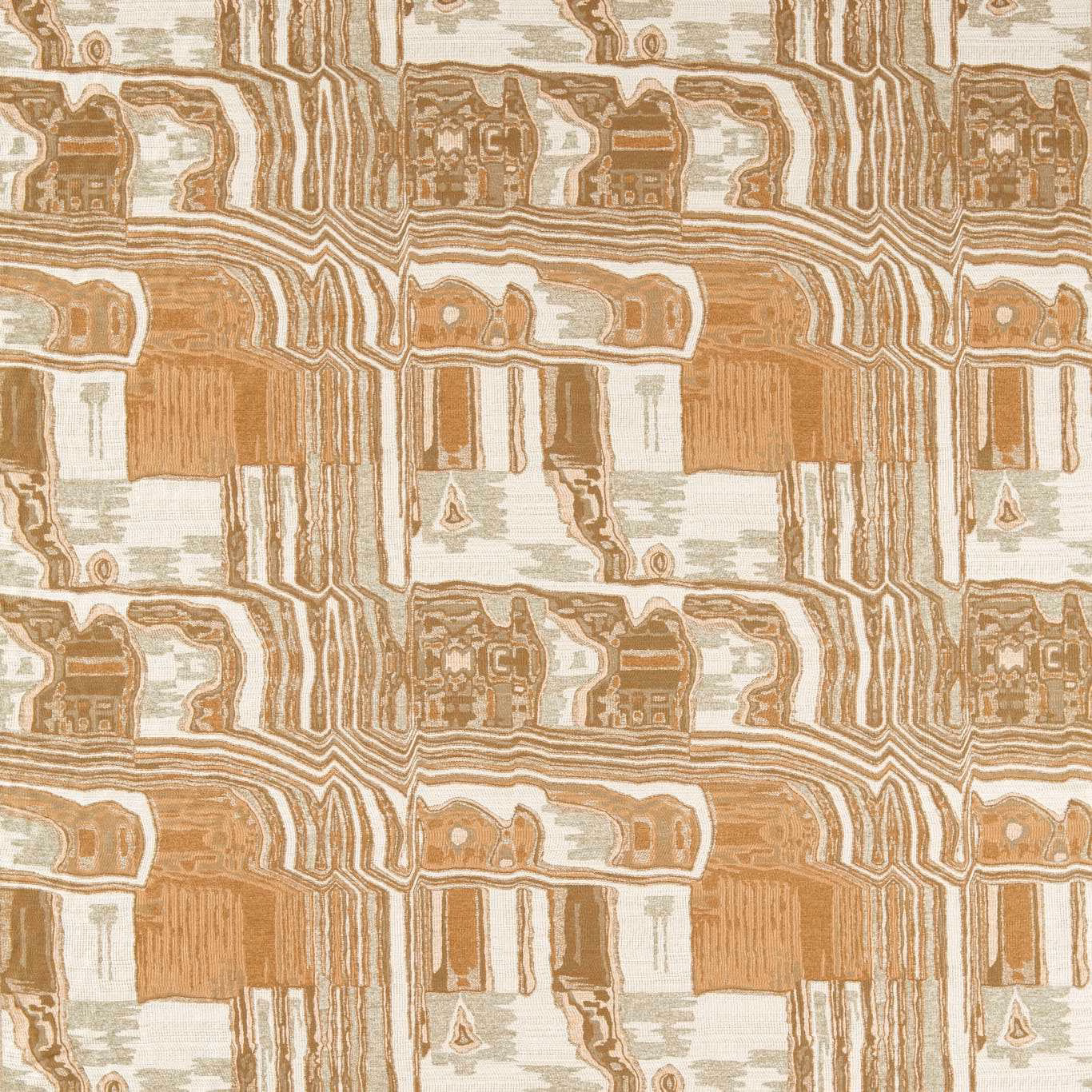 Warm camel and cream abstract contour weave with muted sage-grey accents