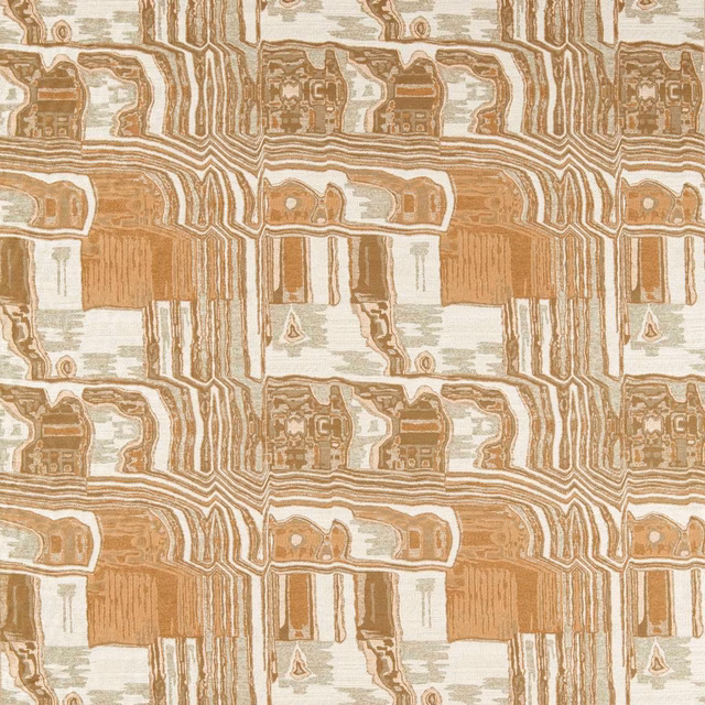Warm camel and cream abstract contour weave with muted sage-grey accents