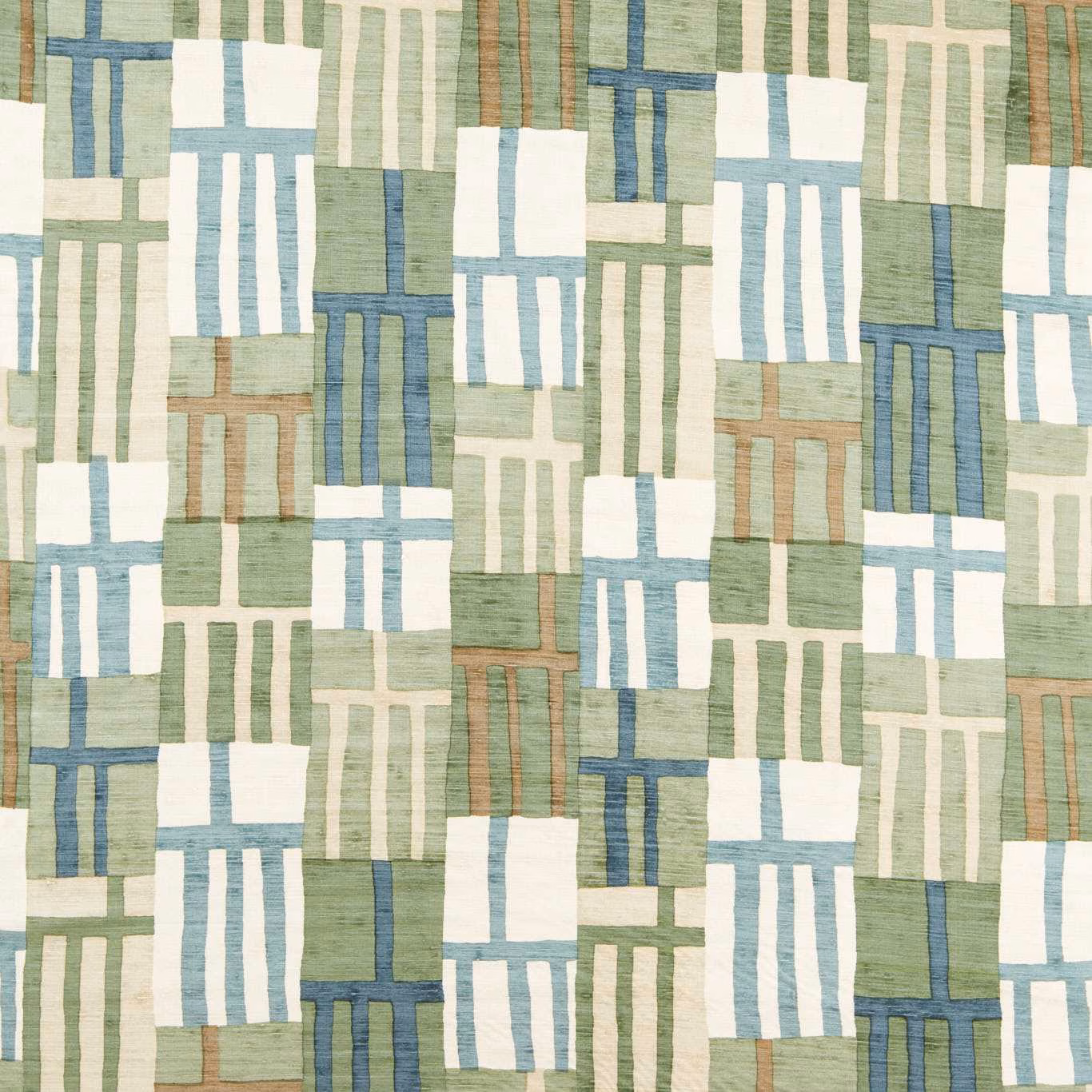 Pale jade and blue geometric blocks with cream bars and subtle woven grain
