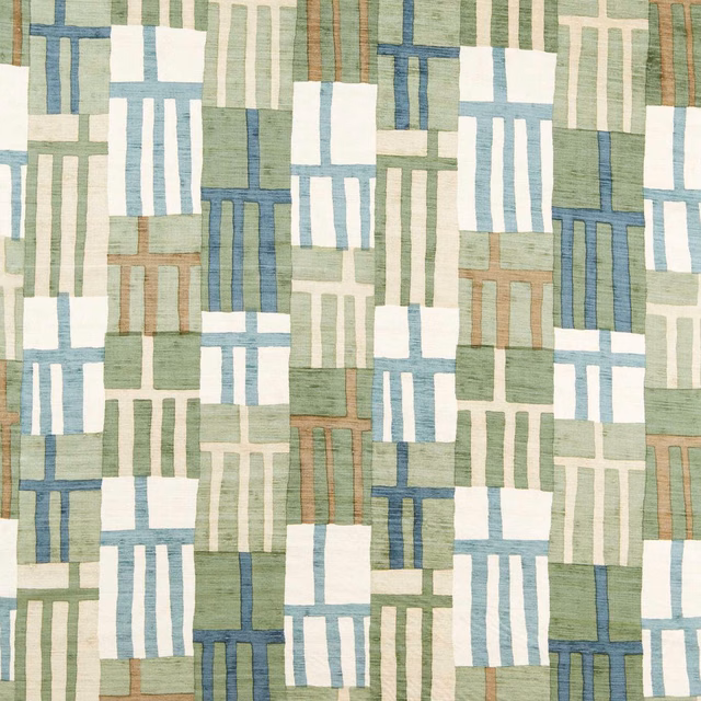 Pale jade and blue geometric blocks with cream bars and subtle woven grain