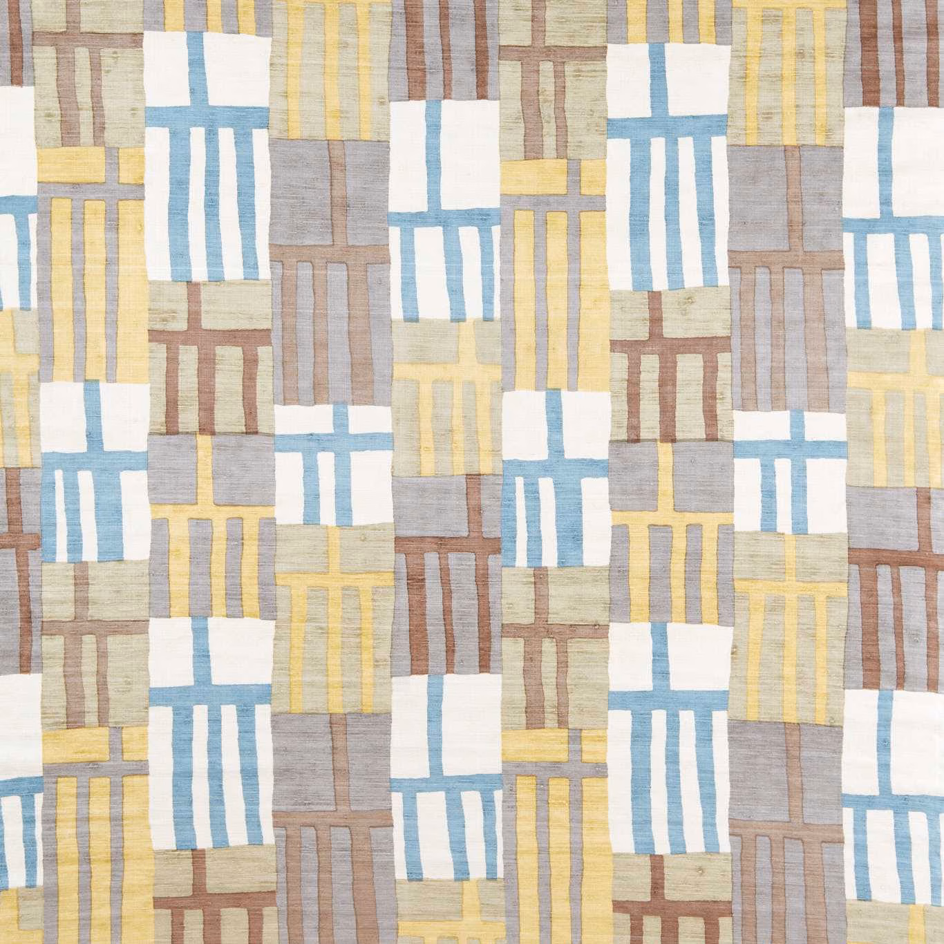 Pale citrine, blue, taupe and brown geometric block fabric with fine linear texture