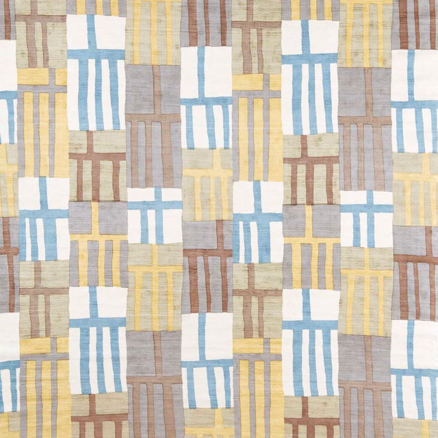 Pale citrine, blue, taupe and brown geometric block fabric with fine linear texture