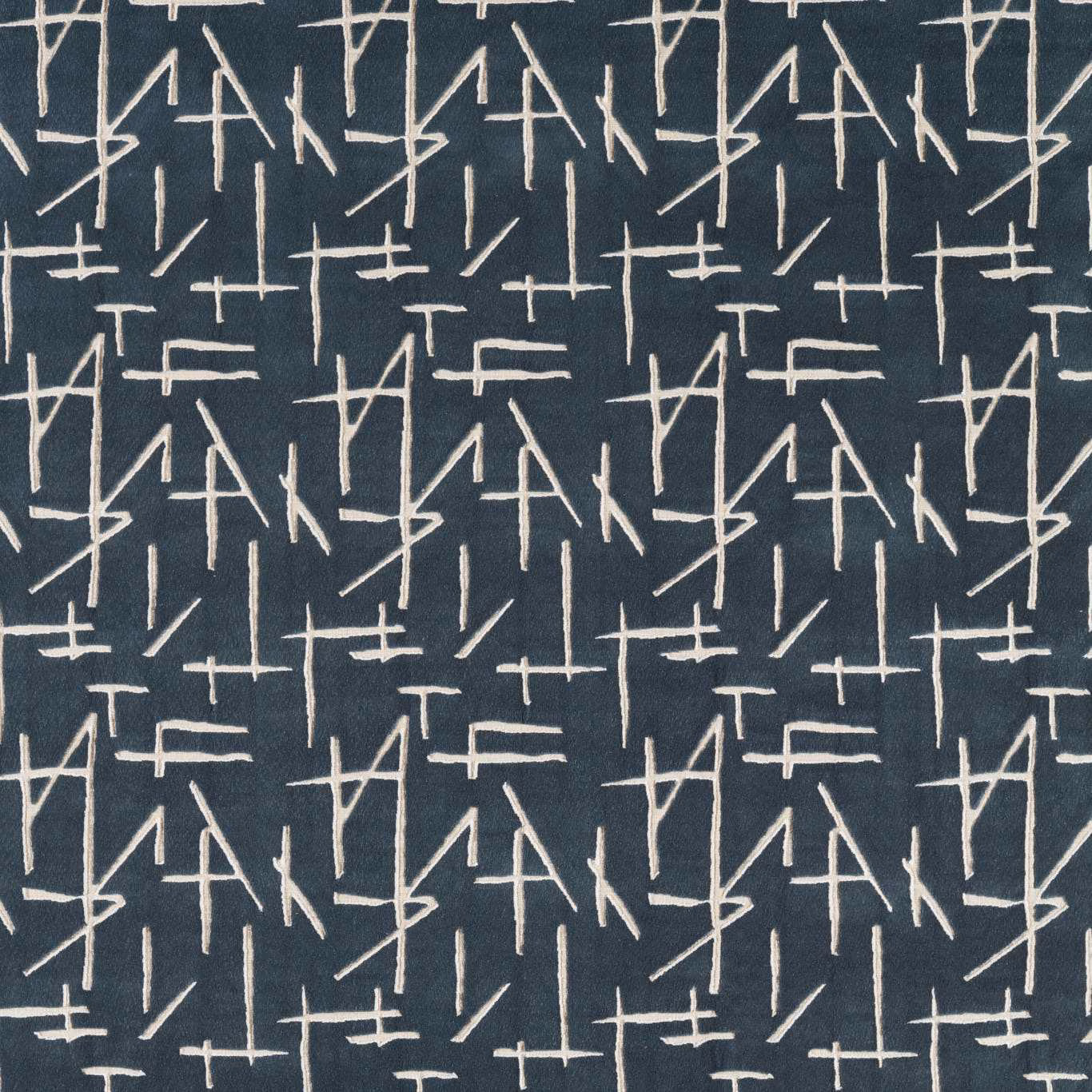 Midnight blue velvet with ivory angular line motifs and subtle pile sheen