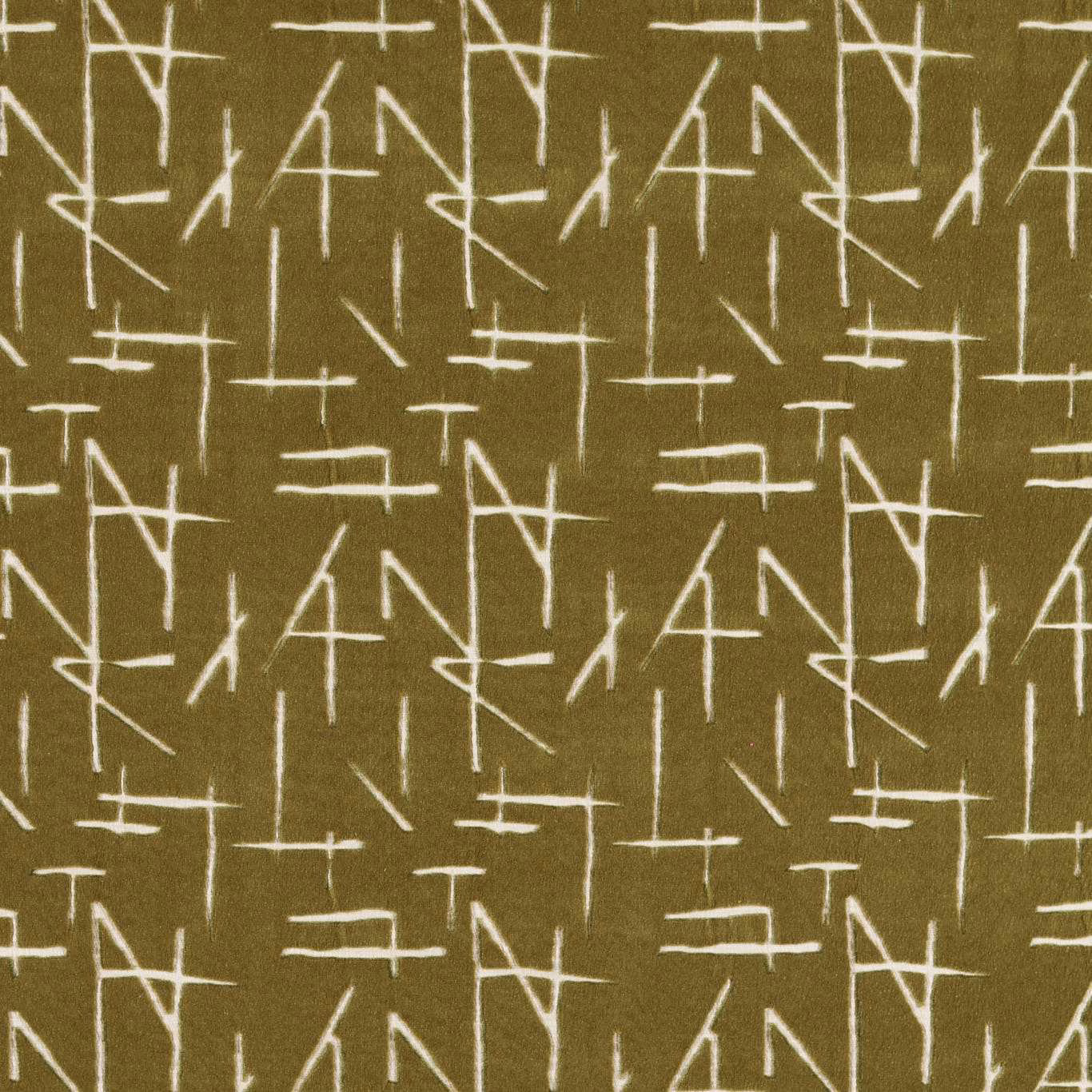 Deep moss olive velvet with irregular ivory geometric line marks and visible soft pile